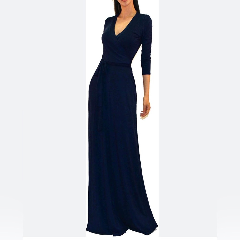 Elegant Navy Blue Wrap Maxi Dress W/ VNeck, Size LG